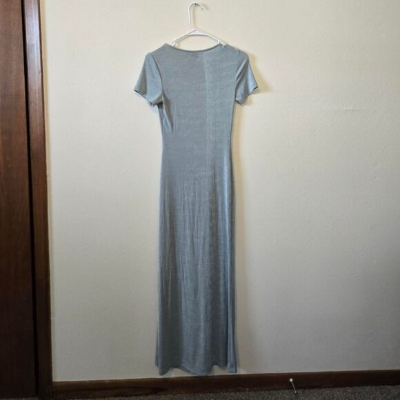 Shine Metallic Button Front Plunge Collar Bodycon Tight Flattering Maxi Dress - Picture 5 of 6